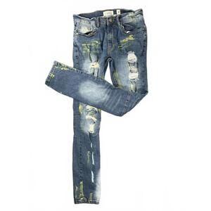 FWRD Denim Men's Skinny Jeans Distressed Details and Yellow Paint Accents 30x32